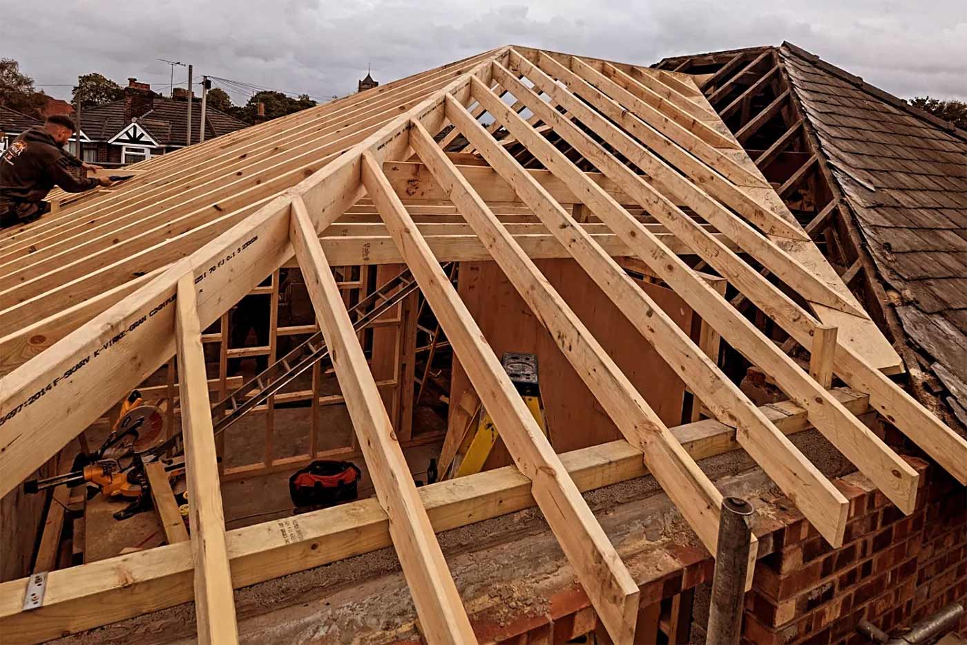 A complete replacement roof being installed by Prima Construction, professional Master Builders in Stockport.