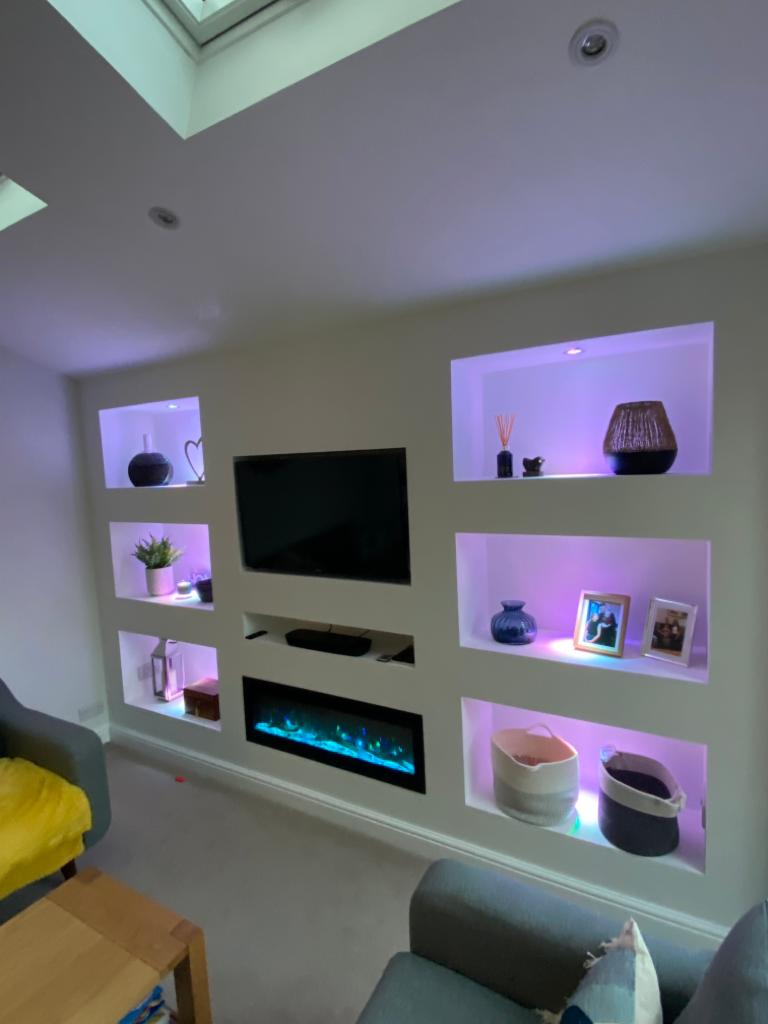 Media Wall with coloured LED backlighting installed in Stockport by Prima Construction