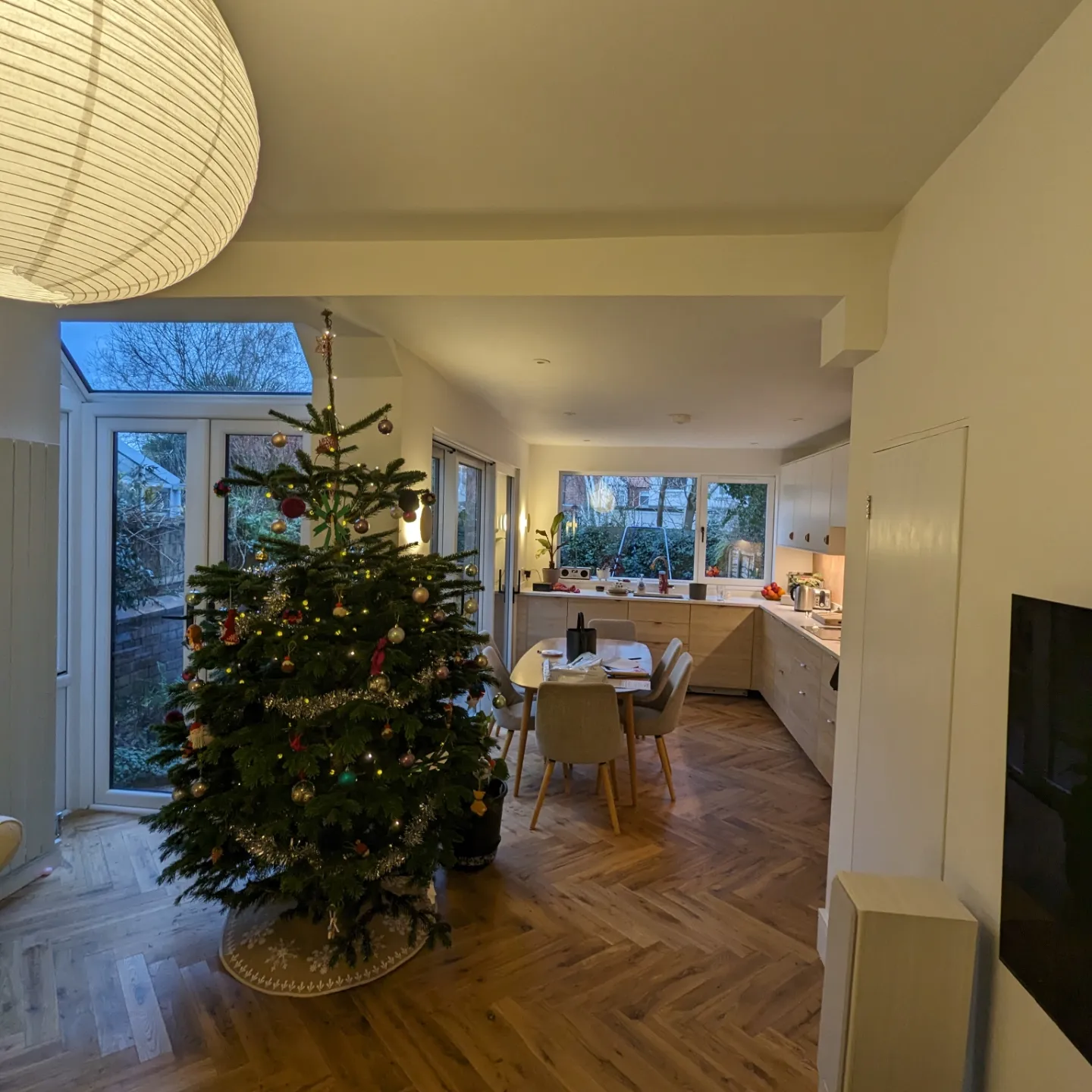 A Christmas tree display in a new house extension by Prima Construction Stockport