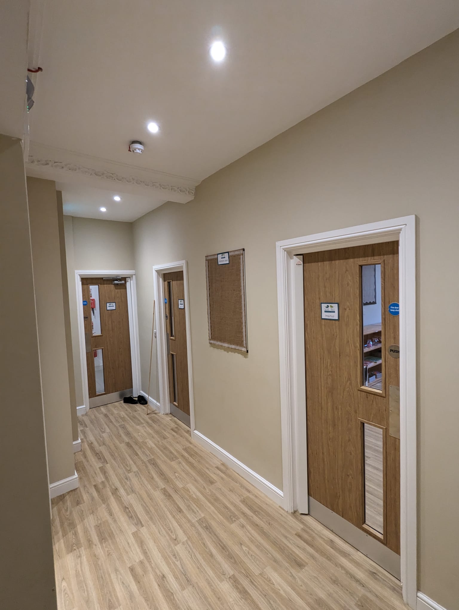 Dove Tree Nursery Refurbishment by Prima Construction - The internal corridor with finger safe fire doors
